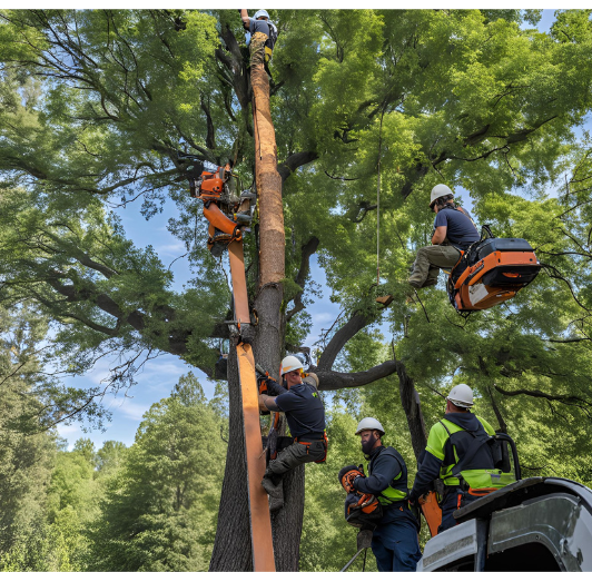 crane and bobcat in use for tree removal or site preparation. Show the machinery handling large tree sections or moving heavy Tree